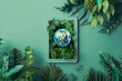 A digital tablet displaying a green earth, surrounded by plants, isolated on an eco-friendly technology teal background for World Environment Day