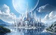 Futuristic megapolis  of the future in the ocean, water energy. New Energy Sources. Ocean Rise. Sustainable Futuristic City Architecture