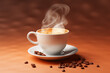 A 3D-rendered, hyper-realistic hot coffee latte art in a white cup on the table with smoke steam above with coffee beans on a isolated solid background