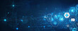 © Michael - Wide banner of digital healthcare symbols and technology on a blue abstract background