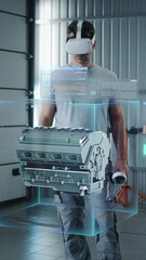 Wall Mural - an engineer tests the health of a car engine in a virtual futuristic program with 3d holographic int