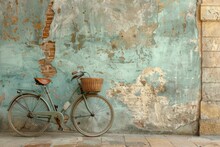 A Vintage Bicycle With A Woven Basket, Parked Against The Peeling Paint Of The Old Wall, Exuding Nostalgic Charm.