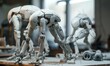 Craft a clay sculpture of rear view autonomous robots in a dynamic pose, focusing on the fine details of their design and incorporating a sense of movement and depth