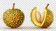 Durian fruits isolated on transparent background, generative ai