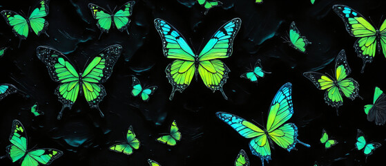 Wall Mural - 3D painting of swarming phosphorescent green butterflies at night, black background