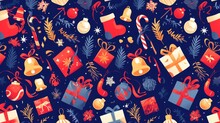 Celebrate The Arrival Of The New Year With A Festive Merry Christmas 2d Pattern Featuring Mistletoe Bells Gifts Poppers And Candy Canes Perfect For Wrapping Paper Fabric Designs And