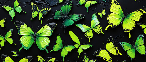 Sticker - 3D painting of swarming phosphorescent green butterflies at night, black background