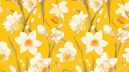 Poster - Delicate white narcissus flowers form a pattern against a vibrant yellow backdrop in this charming hand drawn 2d illustration