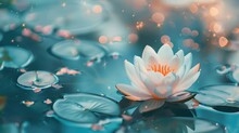 Abstract Beautiful White Lotus Flower In Blue Pink Water Lily Blooming On The Water, Magical Spring,summer Dreamy Background