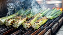 Grilled Leeks On Open Flame With Smoke And Vibrant Colors