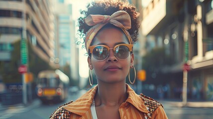 Wall Mural - Stylish young woman in sunglasses strolling through city