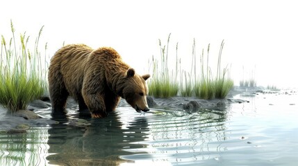 Wall Mural - A bear is drinking water from a river