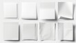 Photographs of various blank white papers on white backgrounds. Each individual photograph is shot separately.