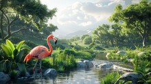 A Pink Flamingo Is Standing In A Lush Green Forest By A River