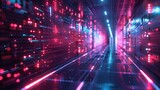 Fototapeta Przestrzenne - Neon grids and wireframes in a dark cyber space, Abstract background
