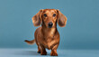 Dachshund in front of blue background. Studio dog wallpaper.