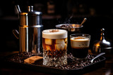 Fototapeta Perspektywa 3d - Rattlesnake alcoholic cocktail drink with coffee and cocoa liquor, irish cream, ground coffee and ice in glass, dark