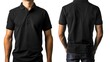 An isolated white background shows a man with a blank black polo shirt, front and back. Design the polo shirt, template and mockup for print.