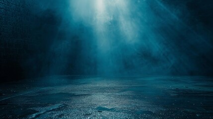 Wall Mural - Various lighting effects such as neon lights, spotlights, and wet asphalt in the water. Abstract dark blue background, smoke, and smog.