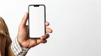 Wall Mural - The hand of a man is holding a smartphone with a blank screen against a white background. There is space for text on the screen.