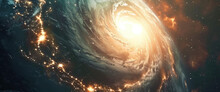 A Massive Spiral Galaxy Is Seen With Multiple Suns In The Background. Planet Earth Is Seen From Space In An Animation