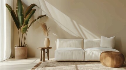 Stylish living room with boucle rug, beige sofa, side table, leaf in vase, pouf and elegant accessories. BEIGE WALL. Minimalist home decor.