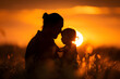 A father and child's silhouette at sunset, isolated on a bonding orange background, reflecting the warmth of fatherhood for World Father's Day