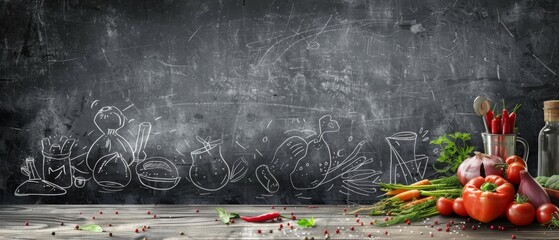 Wall Mural - Drawing with chalk on a blackboard with vegetables and kitchen utensils, cook,--v 6.0 --ar 7:3 Job ID: ac82cd0a-8565-4496-b02d-4c2e15b08780