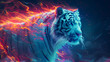 A white tiger with colorful flames on its body. glowing eyes and long hair