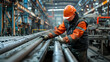 © Oleksandr - A worker in an orange and black uniform is repairing the pipes of steel bars at work on a production line