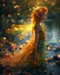 A magical being combining the essence of a pixie and a firefly, blending harmoniously with the rivers colorful backdrop , stock photographic style