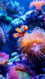 Fototapeta Przestrzenne - Clown fish swimming gracefully amidst anemones in underwater reef background. beauty of ocean