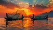 Fishermen in southern Thailand pulling nets at sunrise, teamwork and the sea creating a picturesque scene