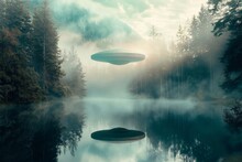 An Alien Spaceship In A Foggy Forest At Twilight, Technology, Nature