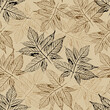 Seamless pattern with openwork silhouettes of maple leaves on a beige background. Black and brown prints of skeletonized leaves. For fabric, wrapping paper, cover, wrap.