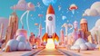 Rocket Launch: Illustrations of Cosmic Planets and Aerospace Themes