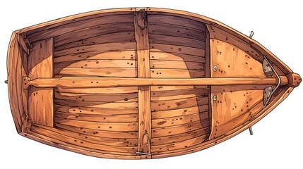 Illustration of a wooden boat seen from above set against a white background