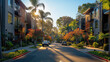 A street with trees and buildings on both sides of a residential area in the morning sunshine. Warm colors and green grass lawns with trees lined up along the road. Created with Ai