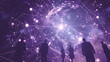 An electronic sphere enveloped by internet nodes. with shadows of entrepreneurs interacting with it in diverse stances. The setting is dark purple
