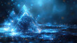Blue background with a pyramid shape, glowing light particles and blue lights in the foreground. Created with Ai