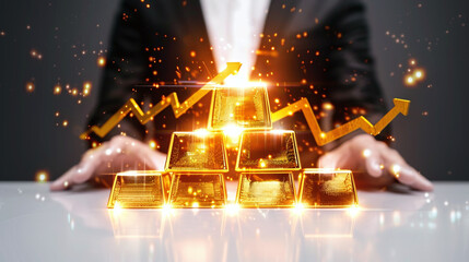 illustration of shiny gold bars with arrow going up, market trends, assets, investment portfolio