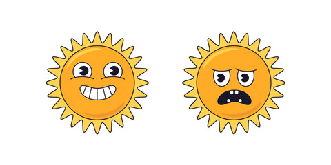 Wall Mural - sun with happy and sad face, retro cartoon character, vector stickers