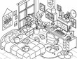 Cute kawaii room interior design for girl in isometric style. Cartoon illustration. Coloring page
