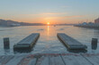 A photograph of the dock at an ordinary harbor in Massachusetts, with small boats and wooden planks leading to the water, during sunset. Created with Ai