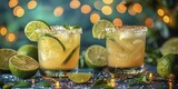 Fototapeta  - Illustration captures frothy margaritas clinking under string lights, in a toast, with a minimal straight front portrait style.