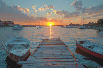 Wall Mural -  A small wooden dock with row boats at the end, in front of an American city harbor, the sun is setting behind it and there are some clouds scattered across the sky. Created with Ai
