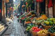 A lively street market bustling with activity, stalls overflowing with colorful fruits and vegetables.
