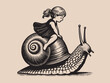 Little girl riding a snail. Outline vector illustration, retro style, isolated object	