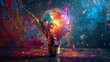 a bursting light bulb splattered with vibrant paint on a dark backdrop, symbolizing unconventional creativity
