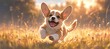 A cute puppy running in the grass, smiling and looking at the camera with a happy expression.